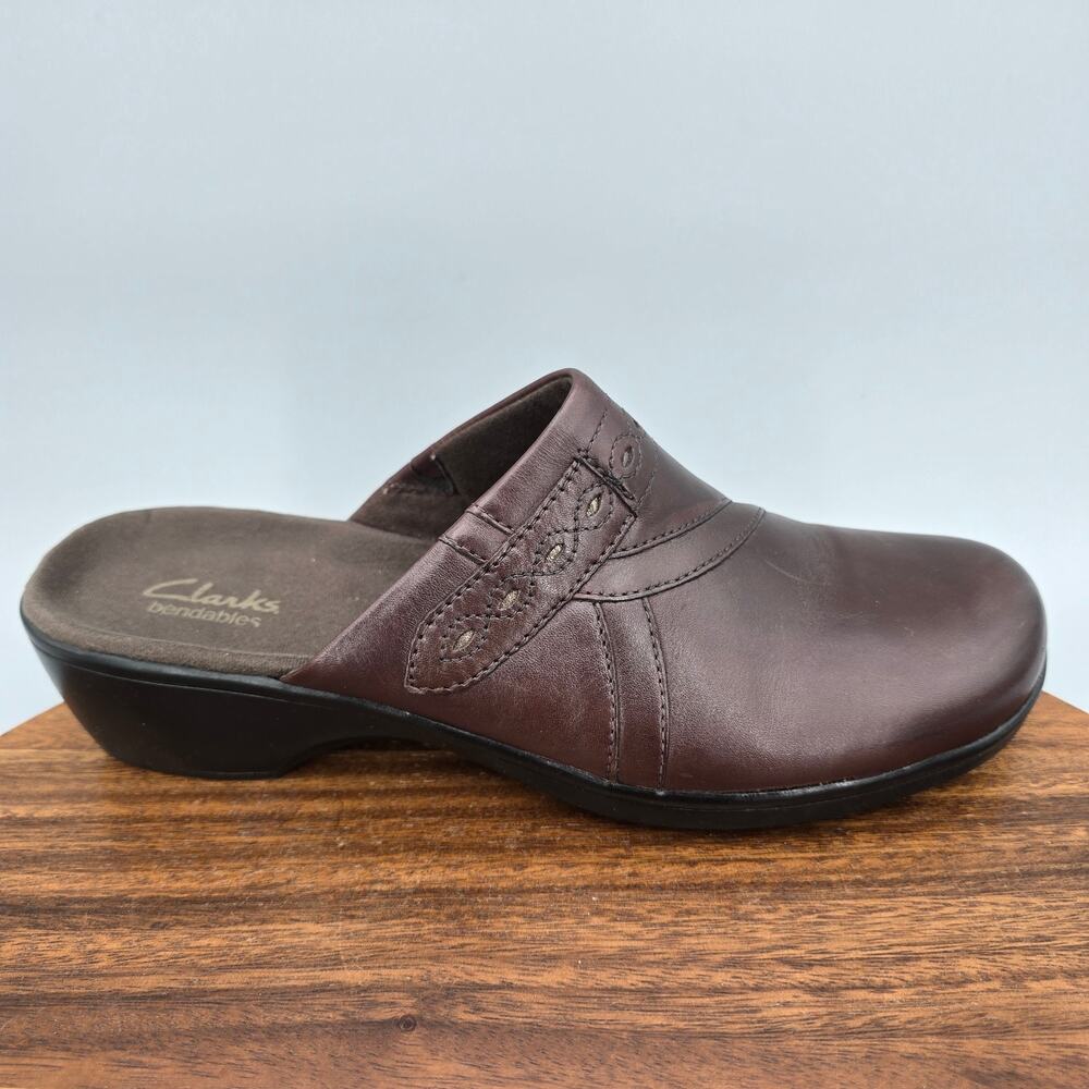 Clarks Bendables Shoes Womens 10 M Brown Leather Slip On Comfort Mules Clogs